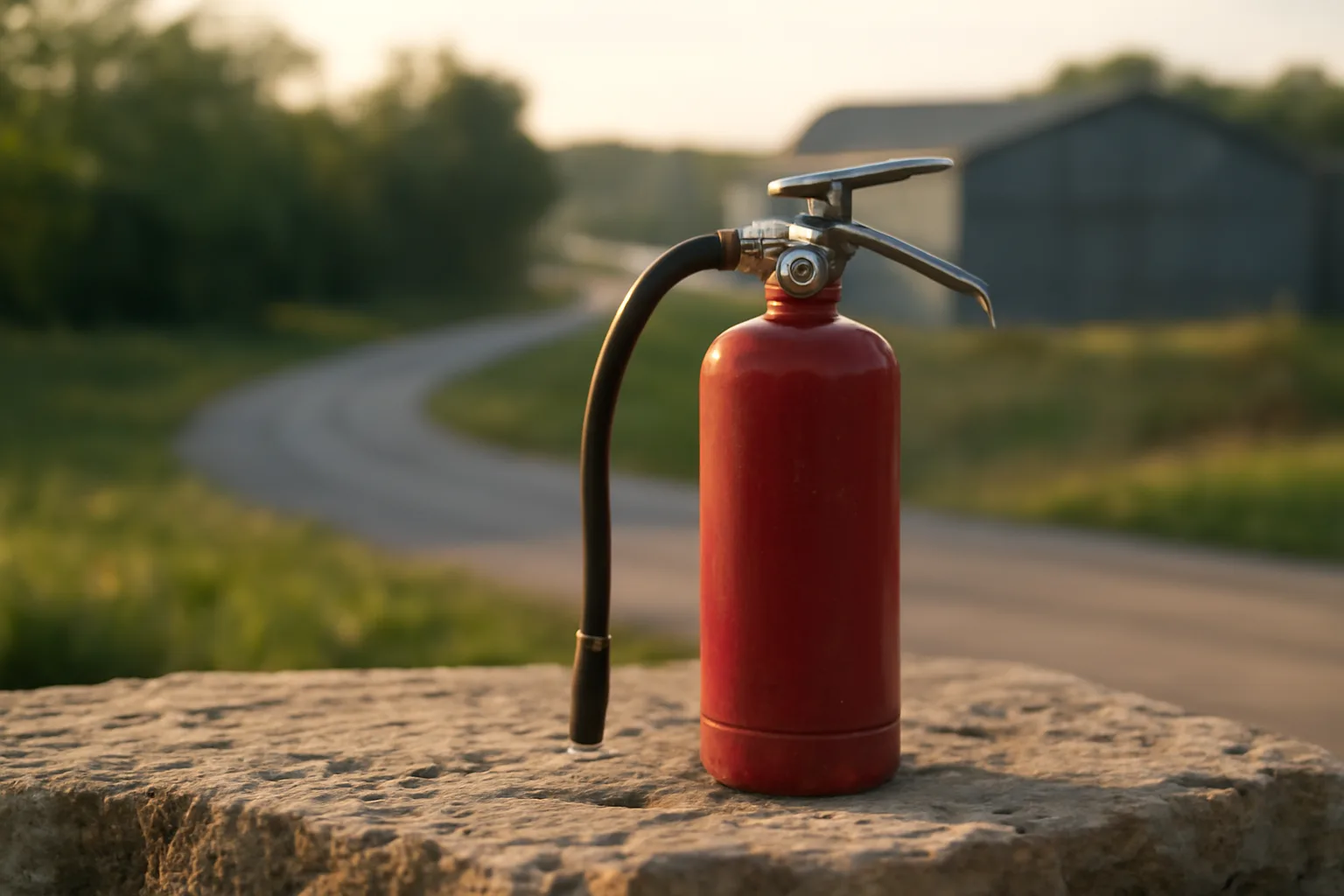 Portable fire extinguisher on a stone ledge in Arkansas morning light