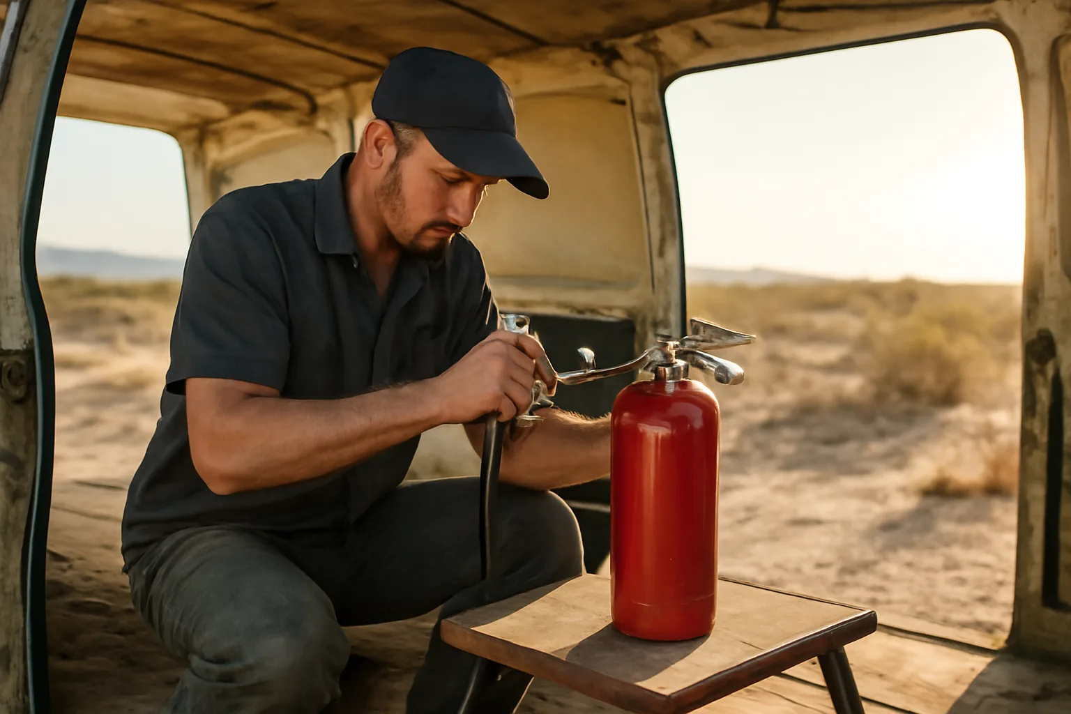 Technician refilling red fire extinguisher in Arizona cargo van
