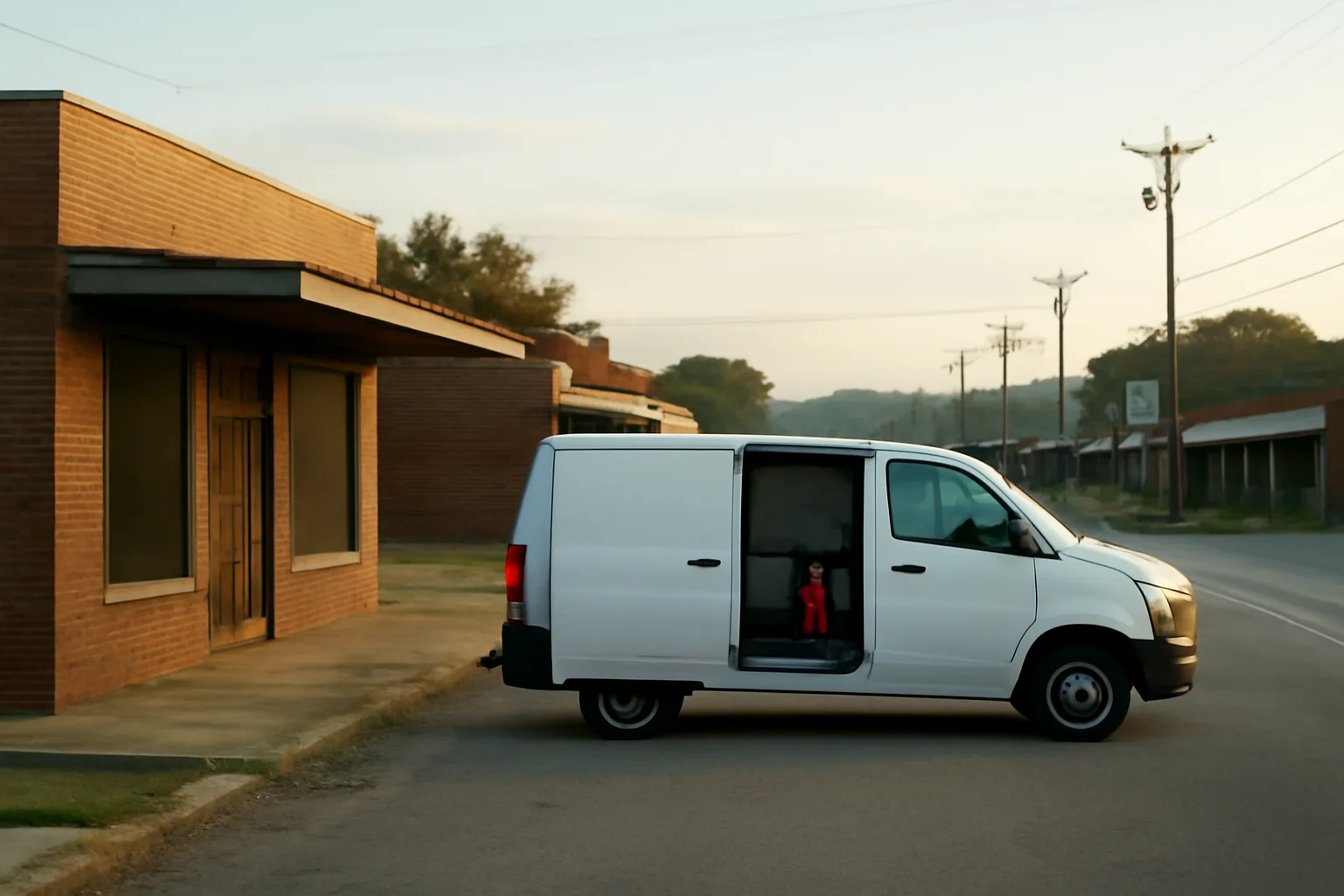 White service van with fire extinguishers outside an Arkansas commercial strip