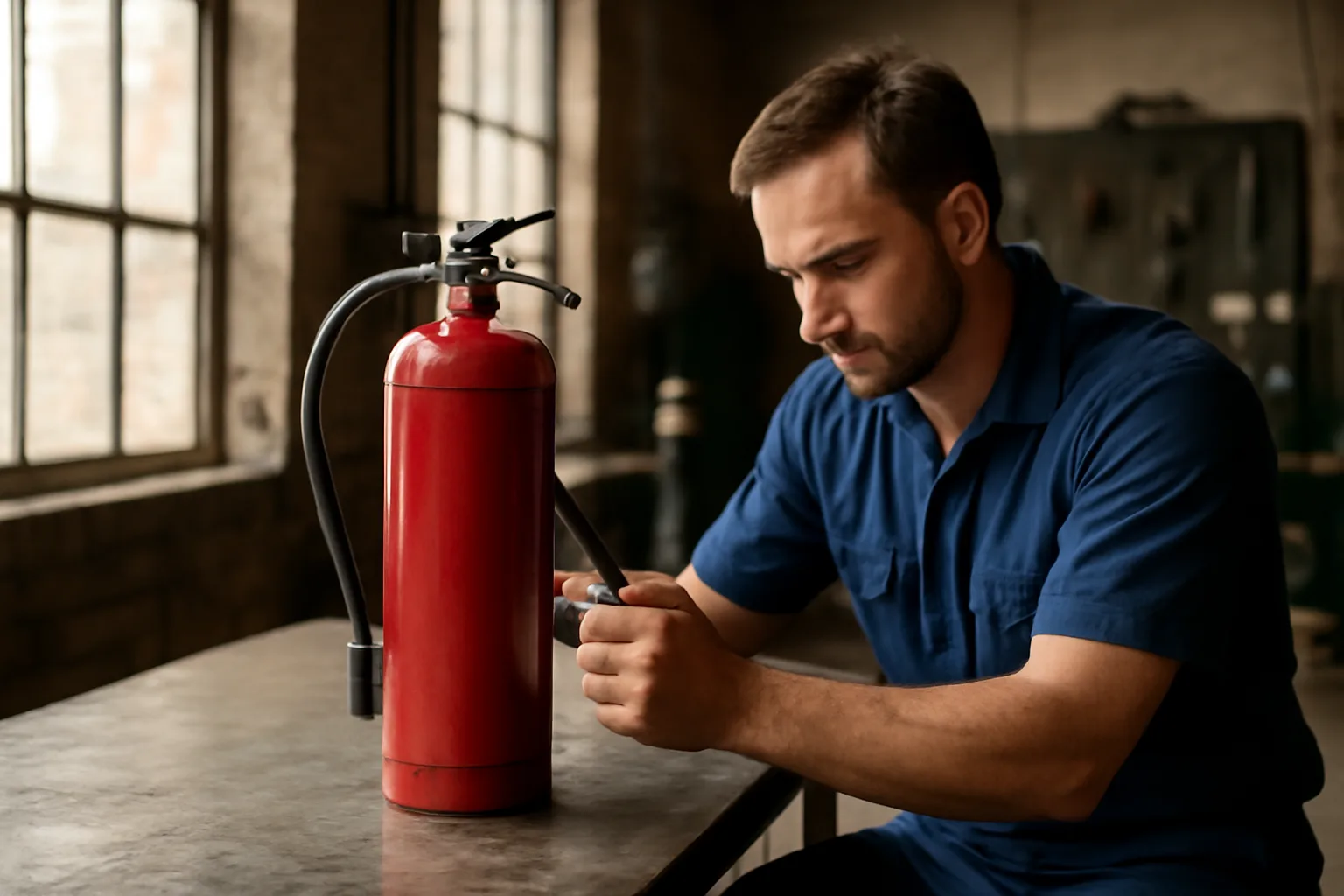 Fire extinguisher technician inspecting a red portable extinguisher on a workshop workbench