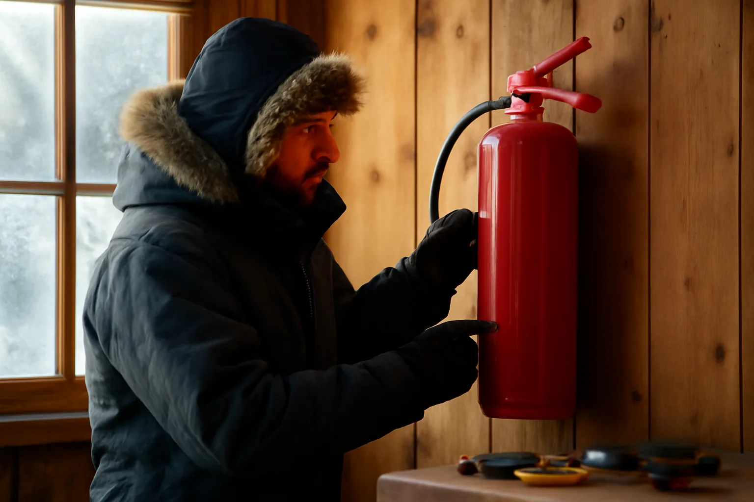 Technician inspecting a red fire extinguisher inside a remote Alaska building in winter light