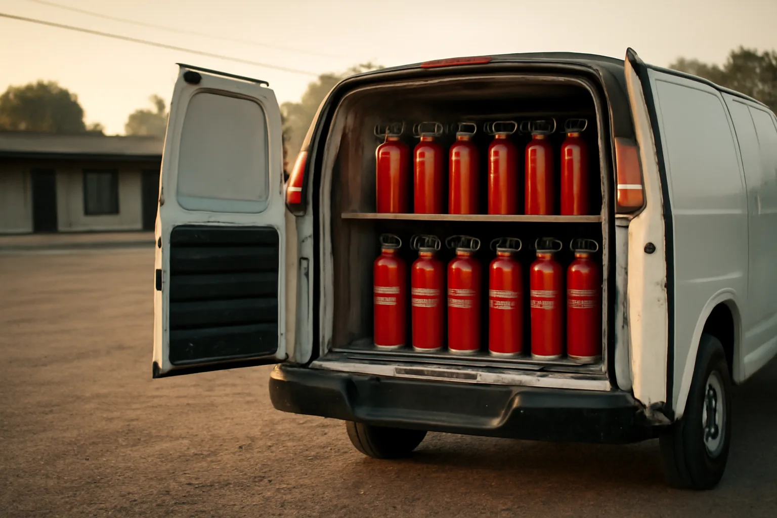 Cargo van stocked with red fire extinguishers on shelving, Arkansas morning light