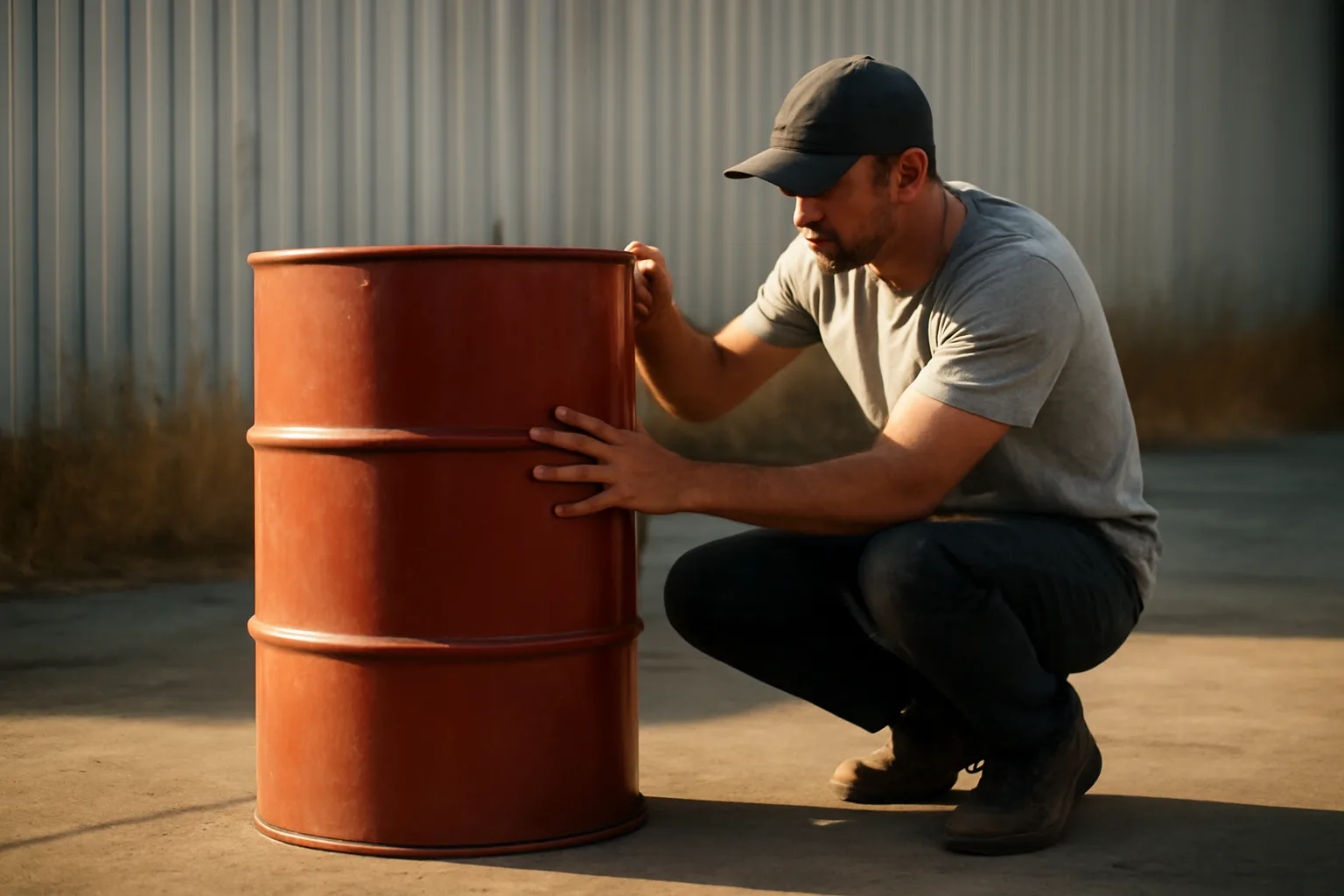 Plain red fire extinguisher cylinder on a California warehouse dock