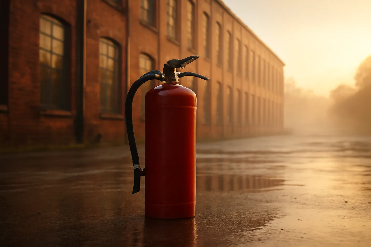 Red fire extinguisher on wet concrete outside a Connecticut mill