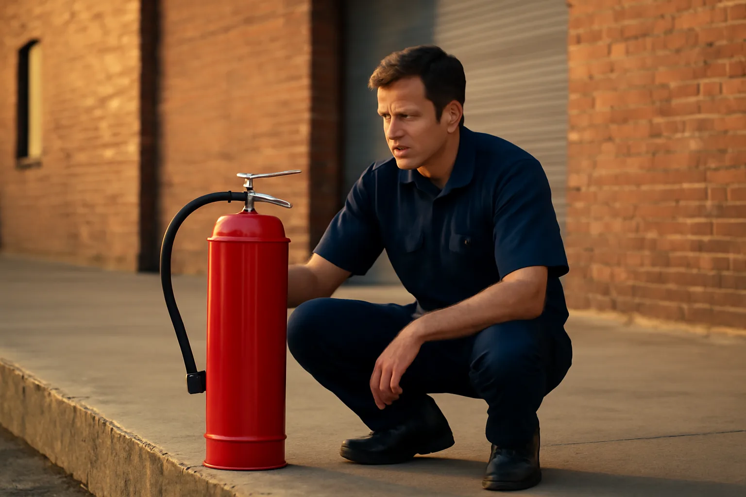 Technician kneeling by a red fire extinguisher on an Indiana dock