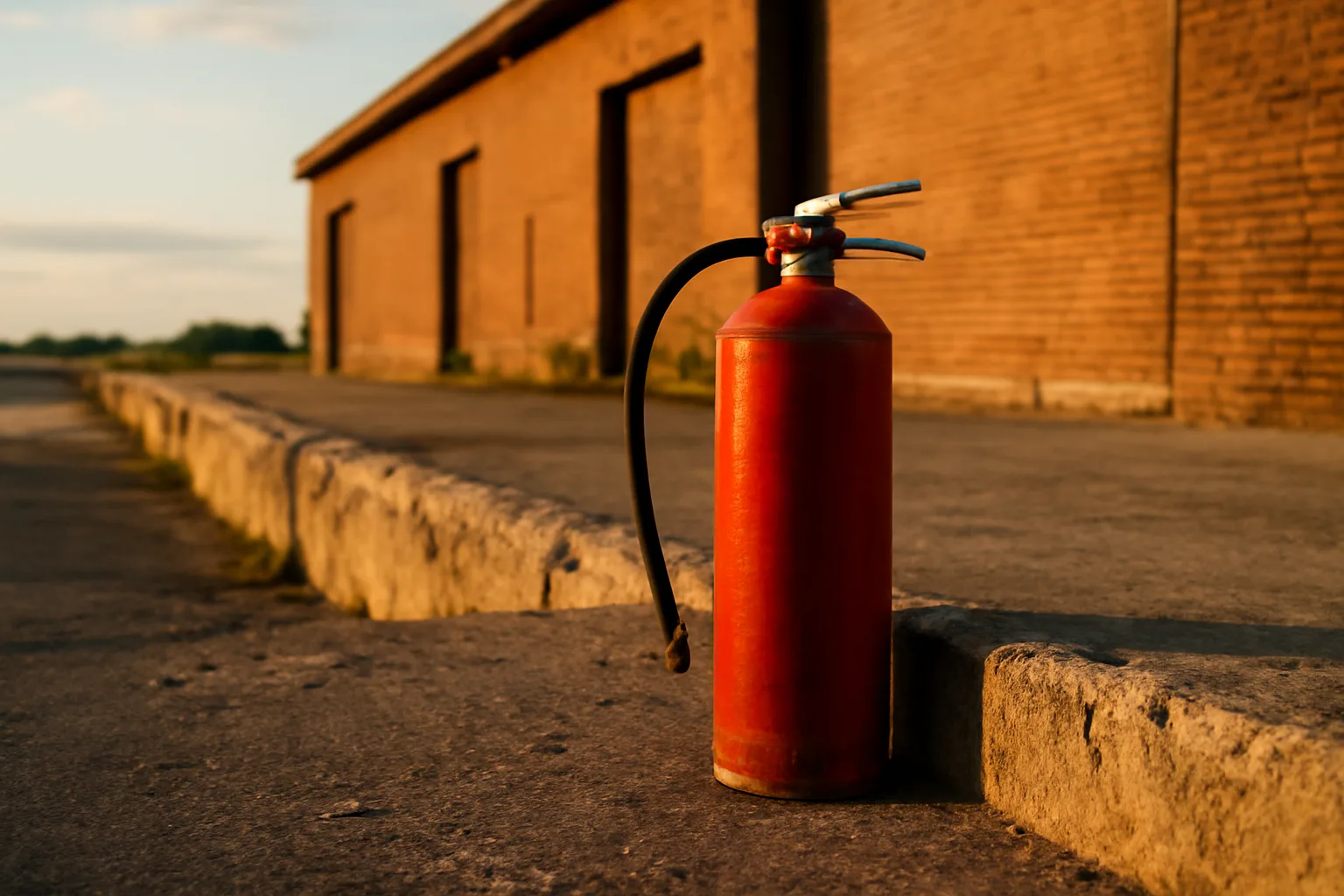 Red fire extinguisher on an Iowa warehouse dock in late sun