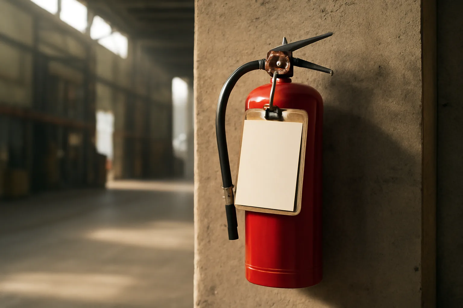 Red fire extinguisher with inspection tag on warehouse wall in Alabama