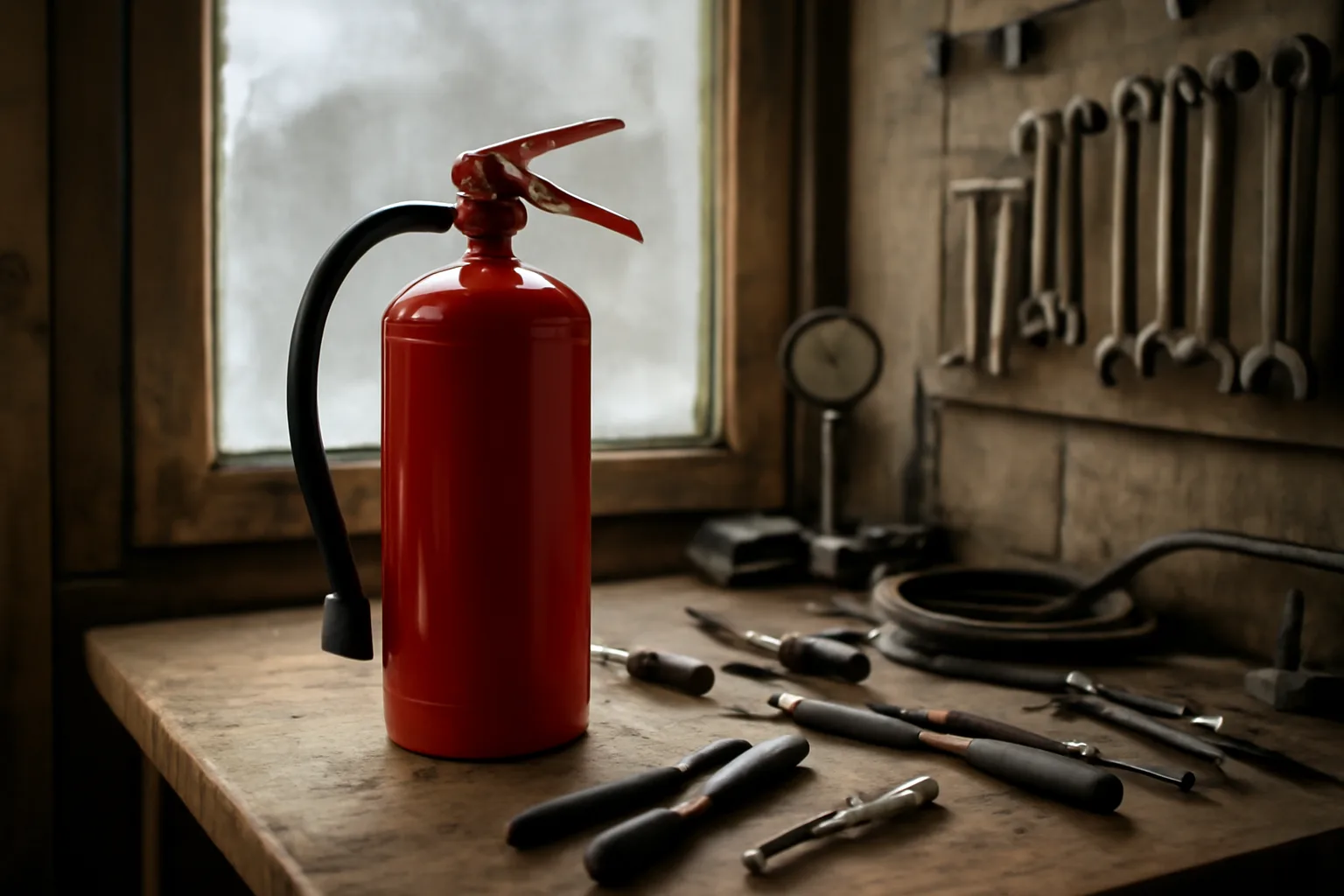 Red fire extinguisher on a workbench in an Alaska fire equipment service shop