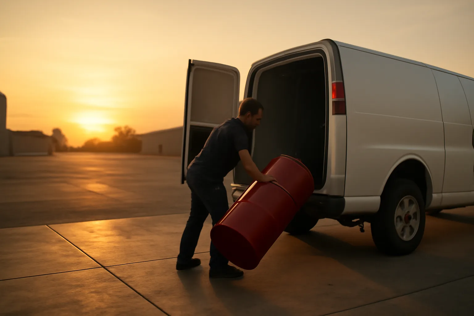 Worker loading a fire extinguisher cylinder for a California route