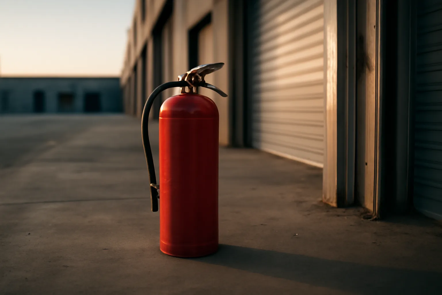 Red fire extinguisher on a Denver loading dock at dawn