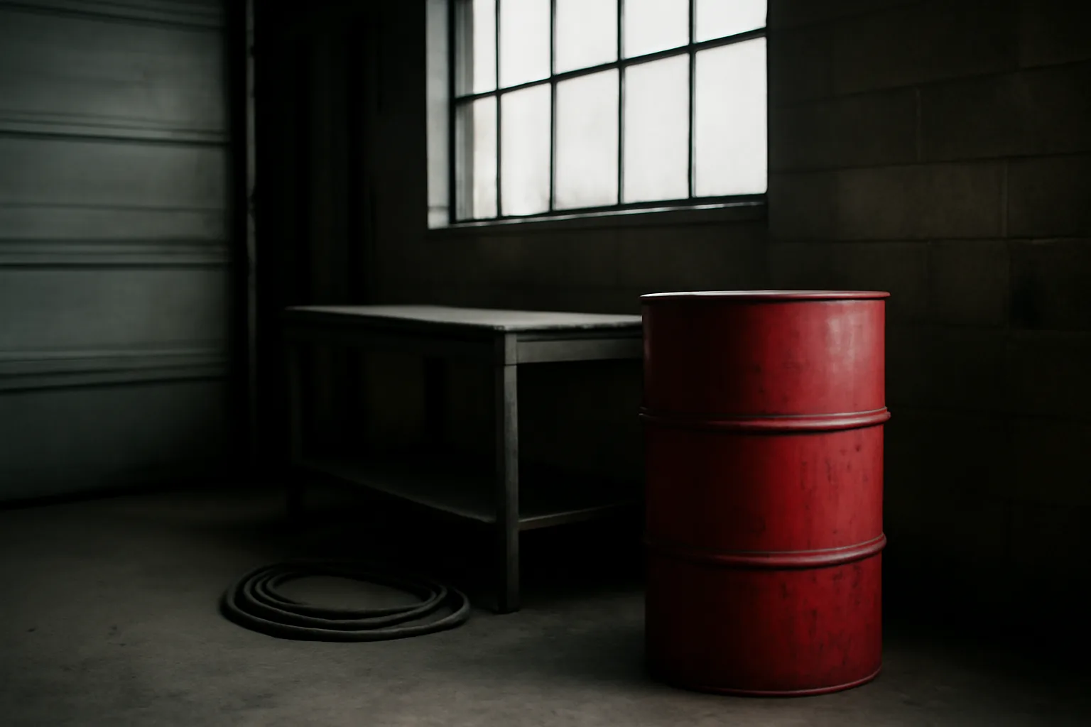Red fire extinguisher cylinder in a Connecticut garage bay