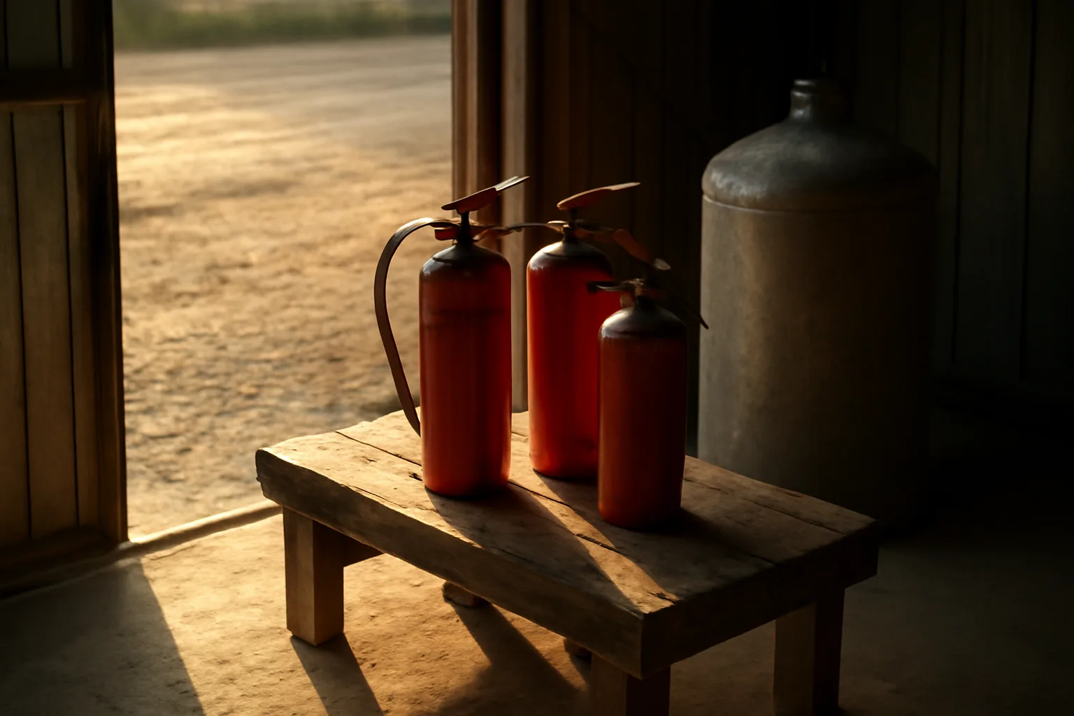 Red fire extinguishers on a wooden Iowa shop bench