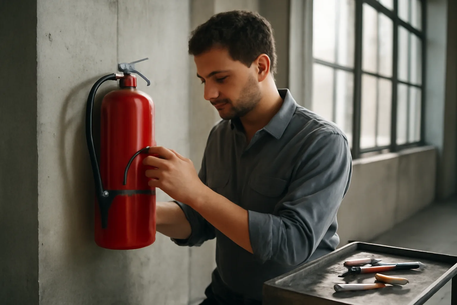Technician inspecting a red fire extinguisher mounted on a concrete wall in Alabama