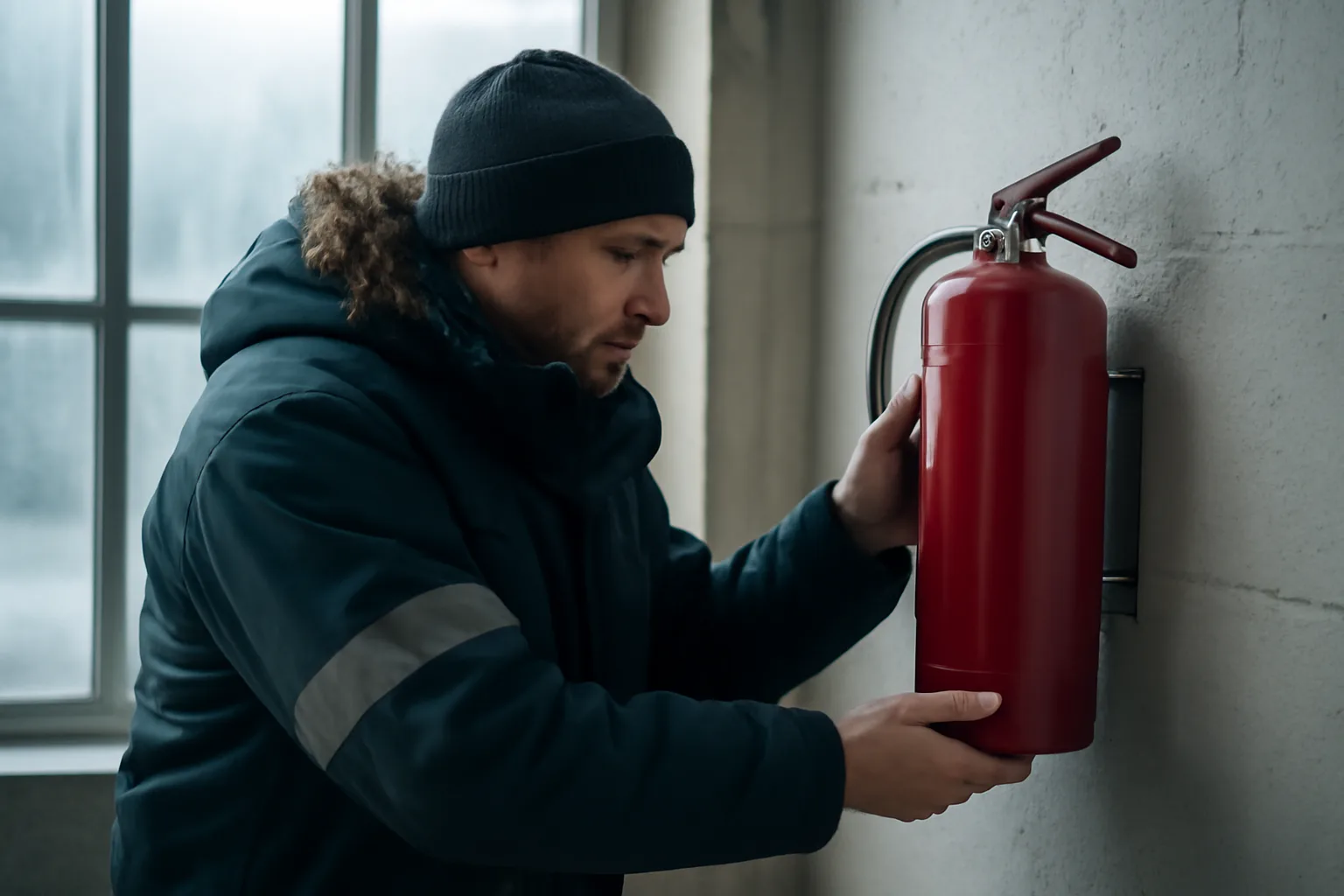 Technician inspecting a mounted fire extinguisher inside an Alaska commercial building