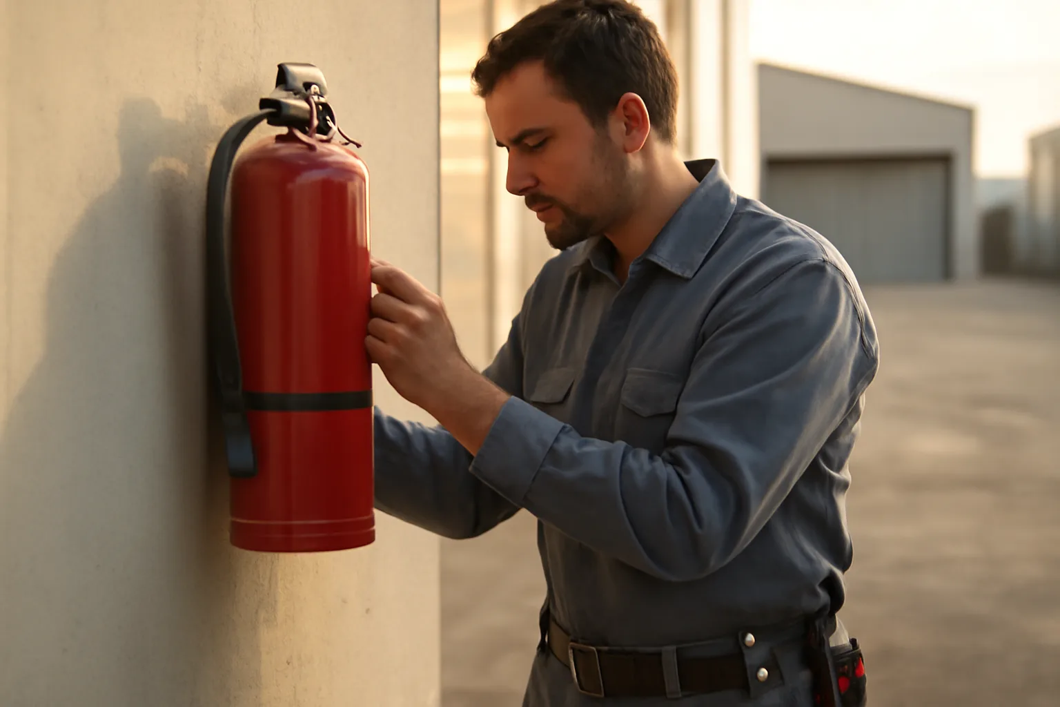 Technician inspecting a red fire extinguisher mounted in an Arizona warehouse