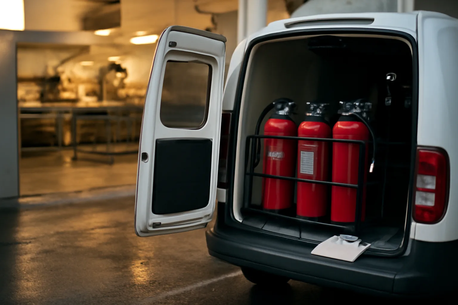 Service van rear with fire extinguishers racked for an Arkansas route, morning light