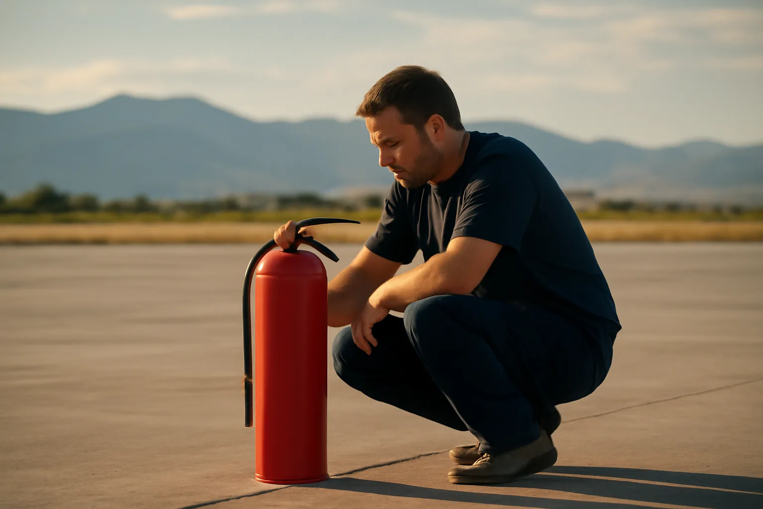 Red fire extinguisher checked on a Colorado warehouse dock