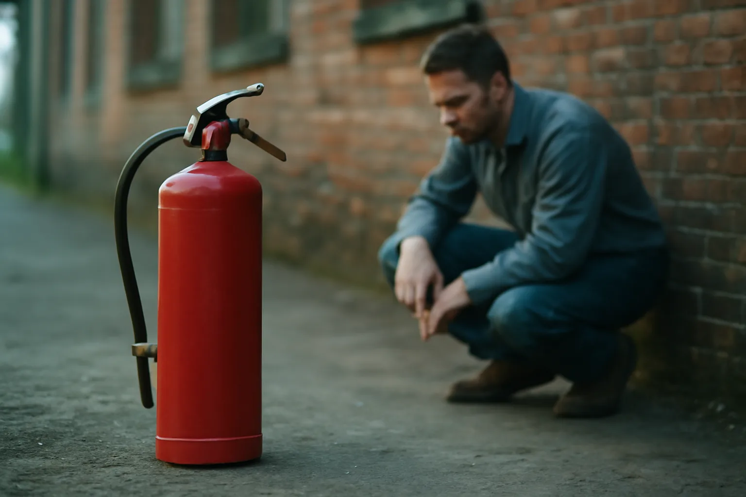 Red fire extinguisher on a Connecticut mill dock at dawn