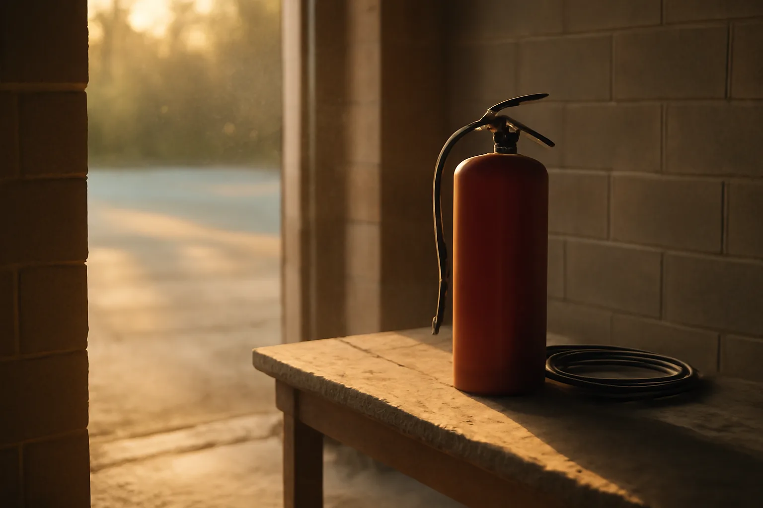 Red fire extinguisher cylinder on a bench in a Delaware shop