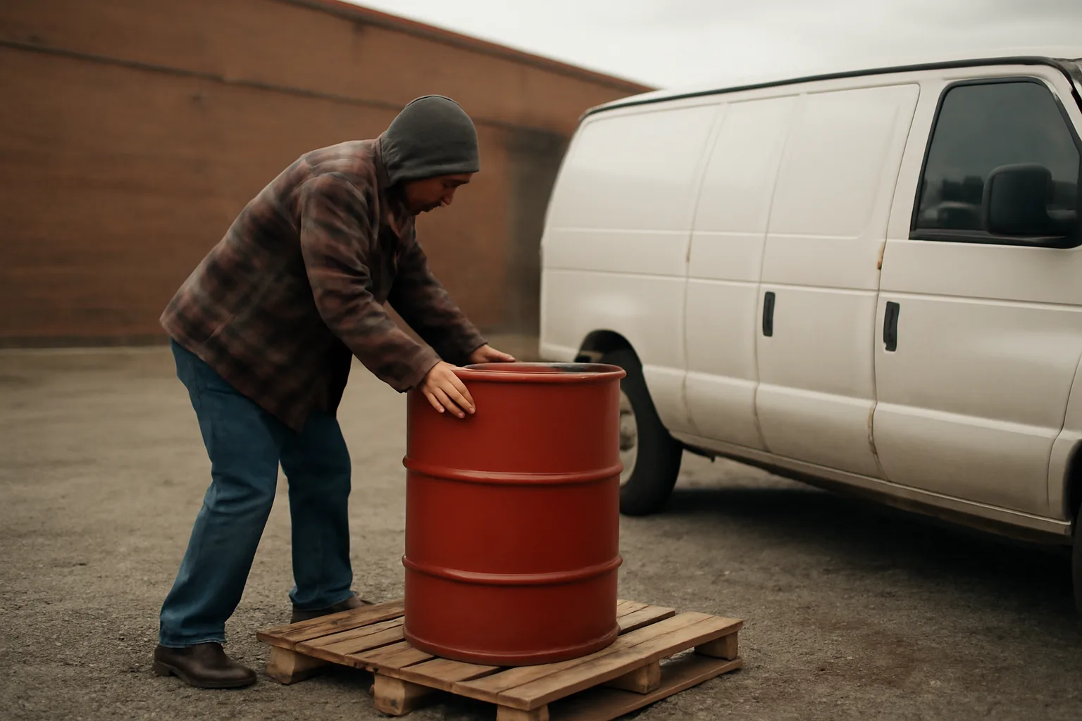 Worker loading a red fire extinguisher cylinder beside an Iowa warehouse