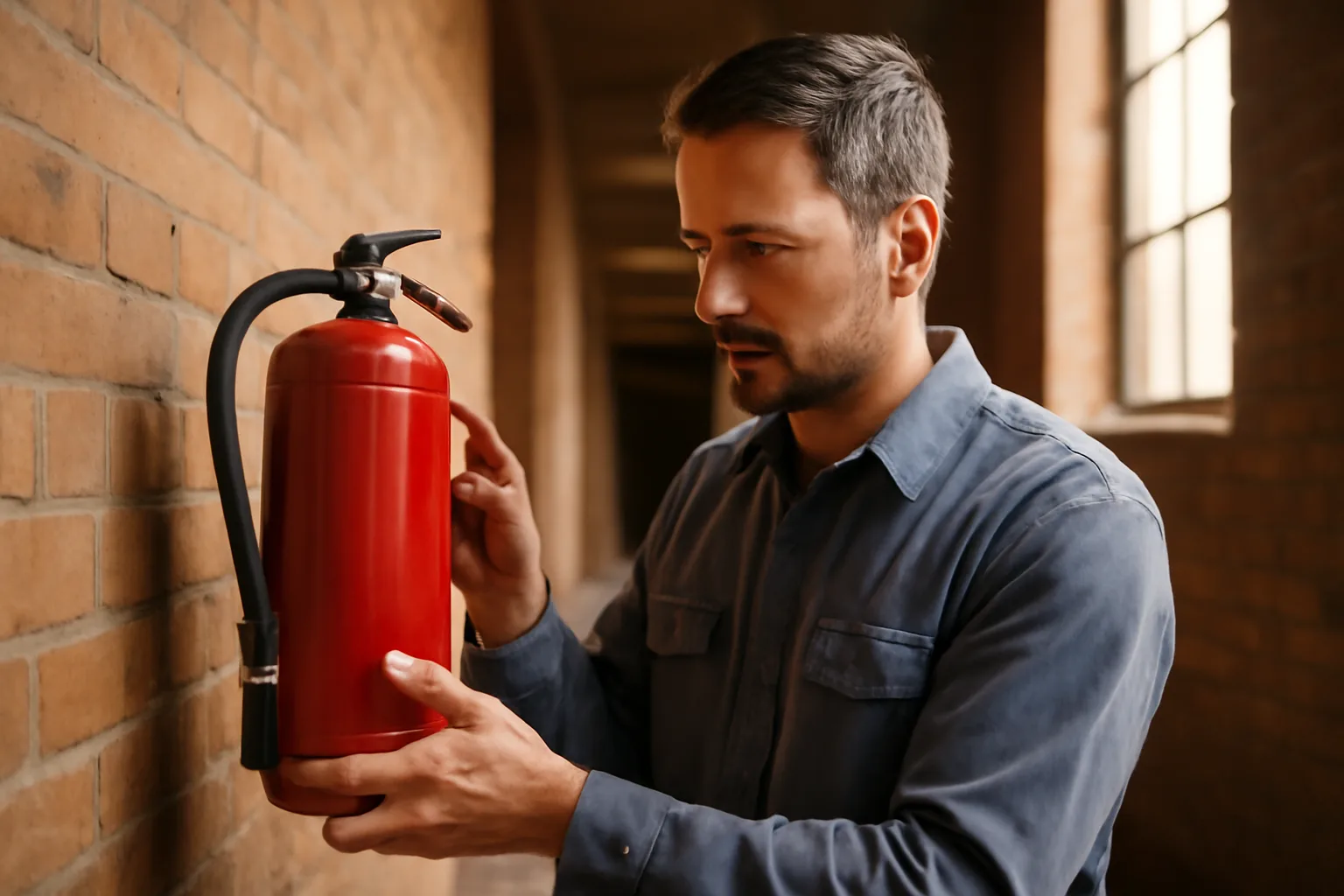 Technician inspecting a red fire extinguisher on a brick wall during route service