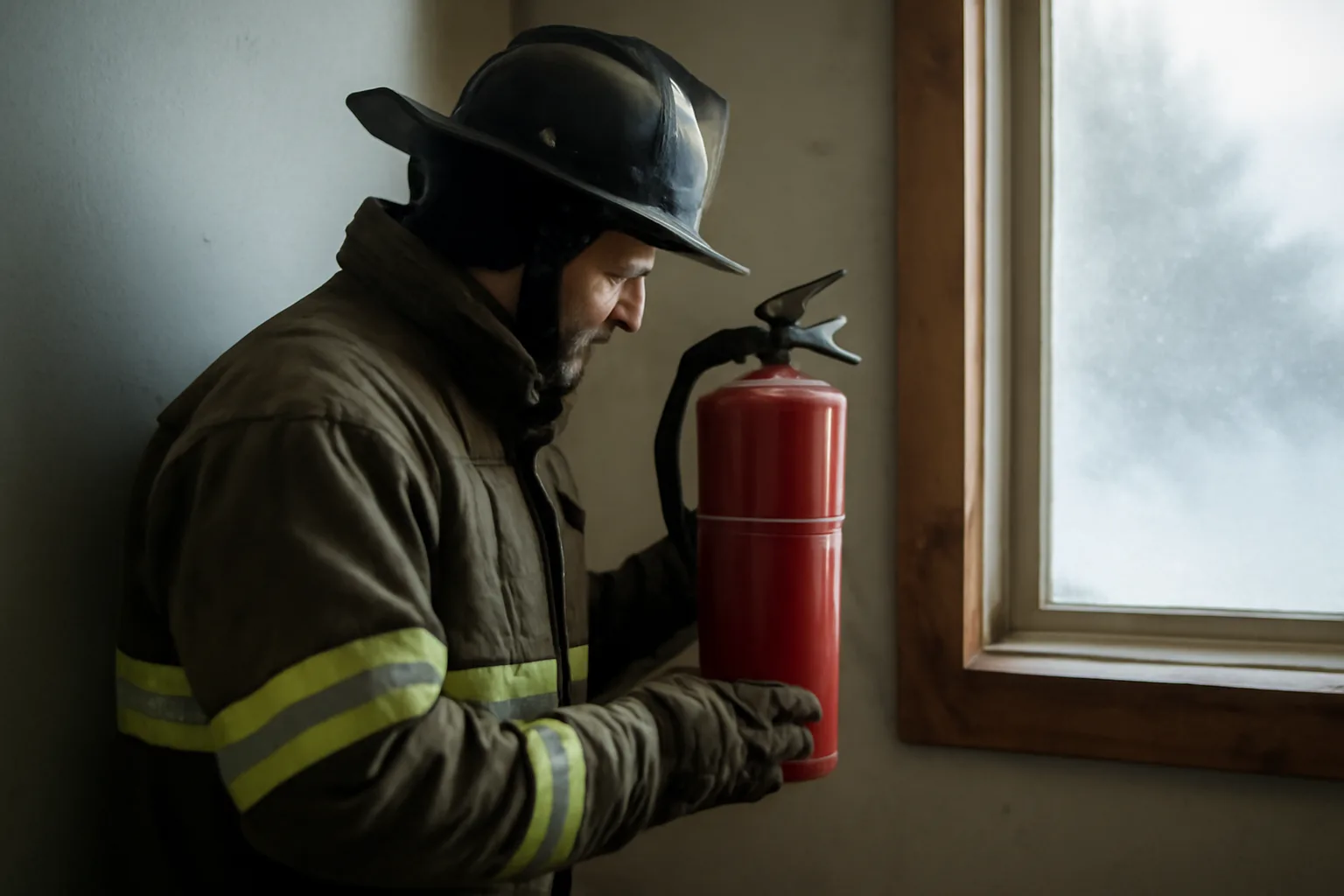 Technician inspecting a red fire extinguisher mounted on a wall in Alaska