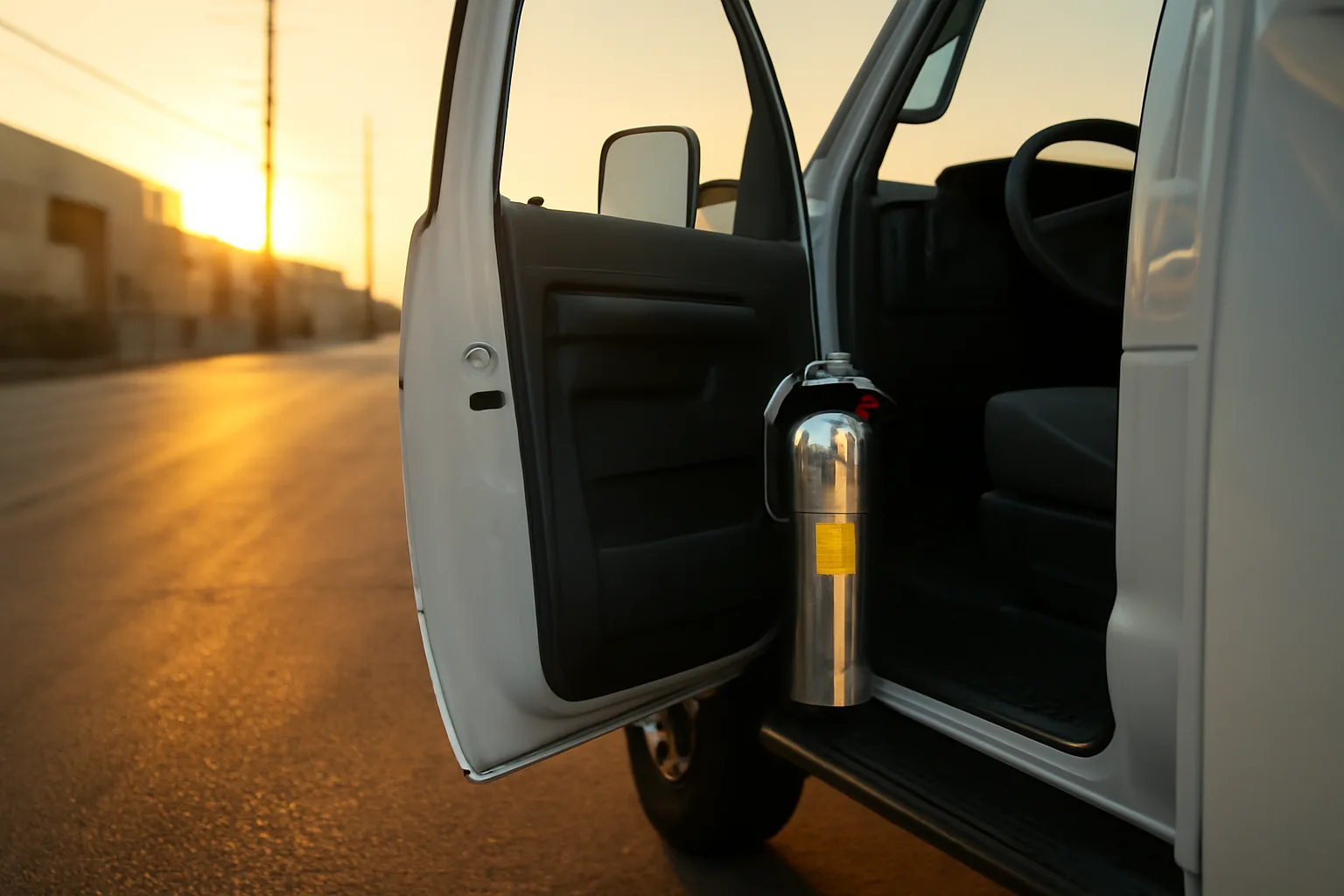 Fire extinguisher in a service truck in Phoenix morning light with an inspection tag visible
