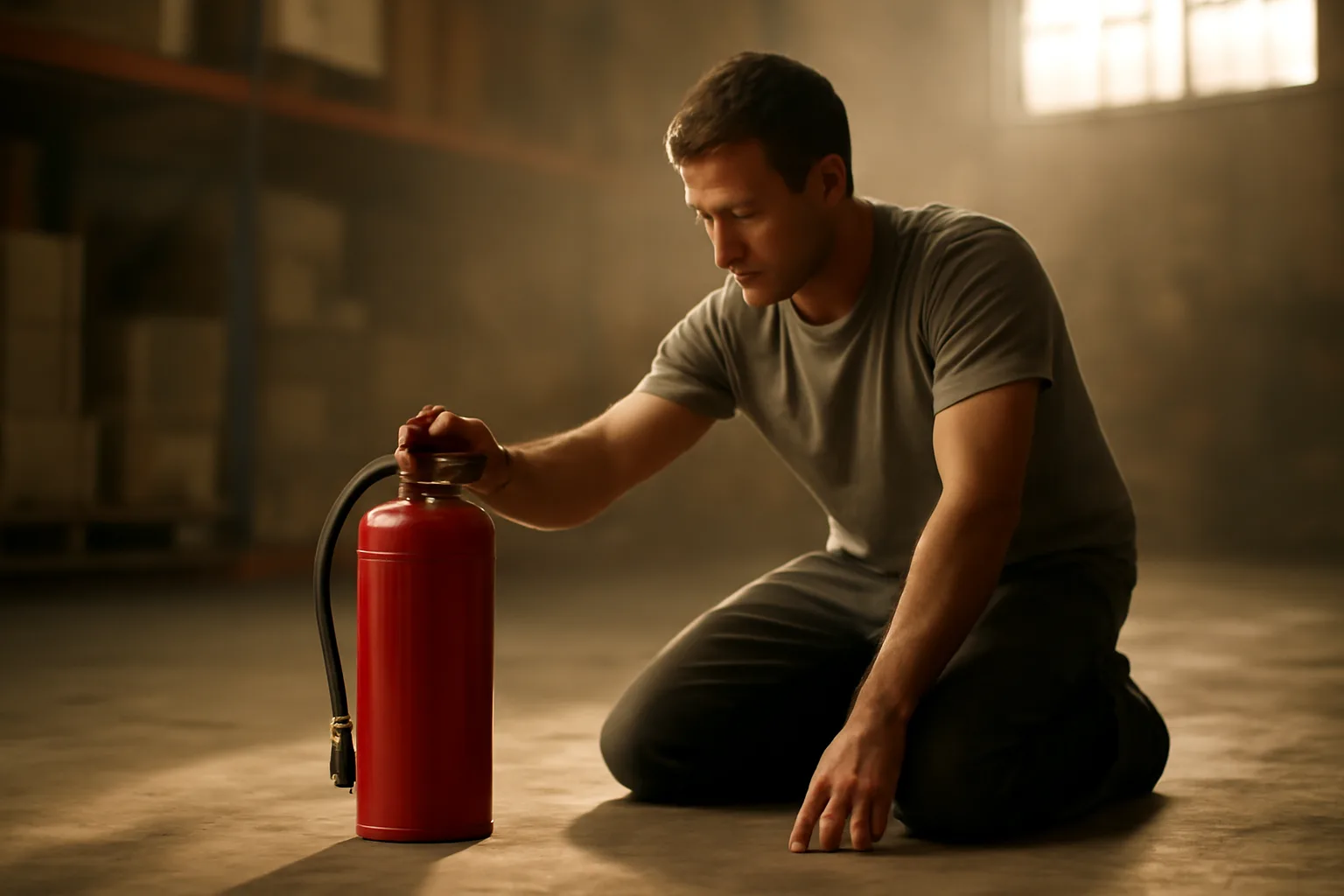 Worker kneels by a red fire extinguisher on California warehouse concrete