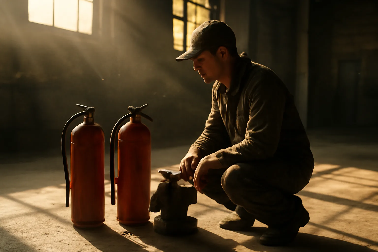 Worker kneeling by red fire extinguishers on a Denver shop floor