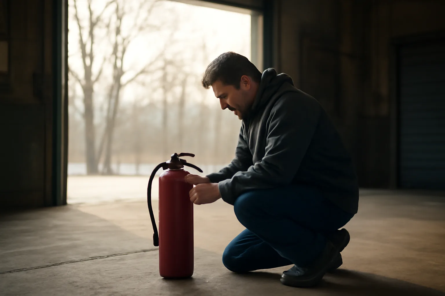 Technician kneeling by a red fire extinguisher in a Connecticut garage
