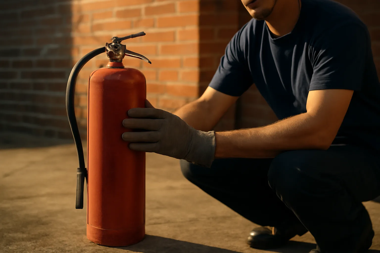 Worker kneeling by a fire extinguisher outside an Indiana warehouse