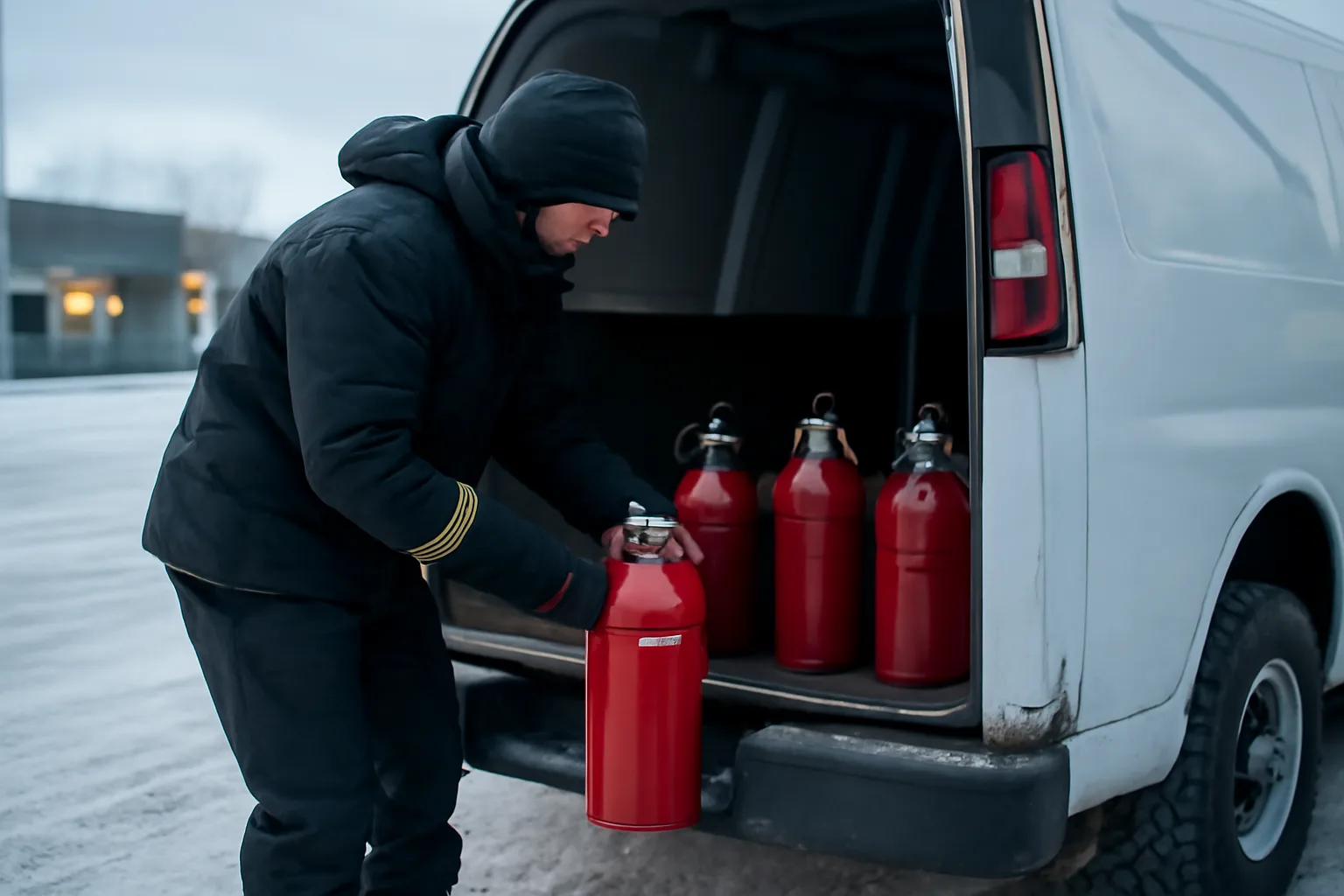 Technician loading fire extinguisher cylinders into a service van in winter Alaska