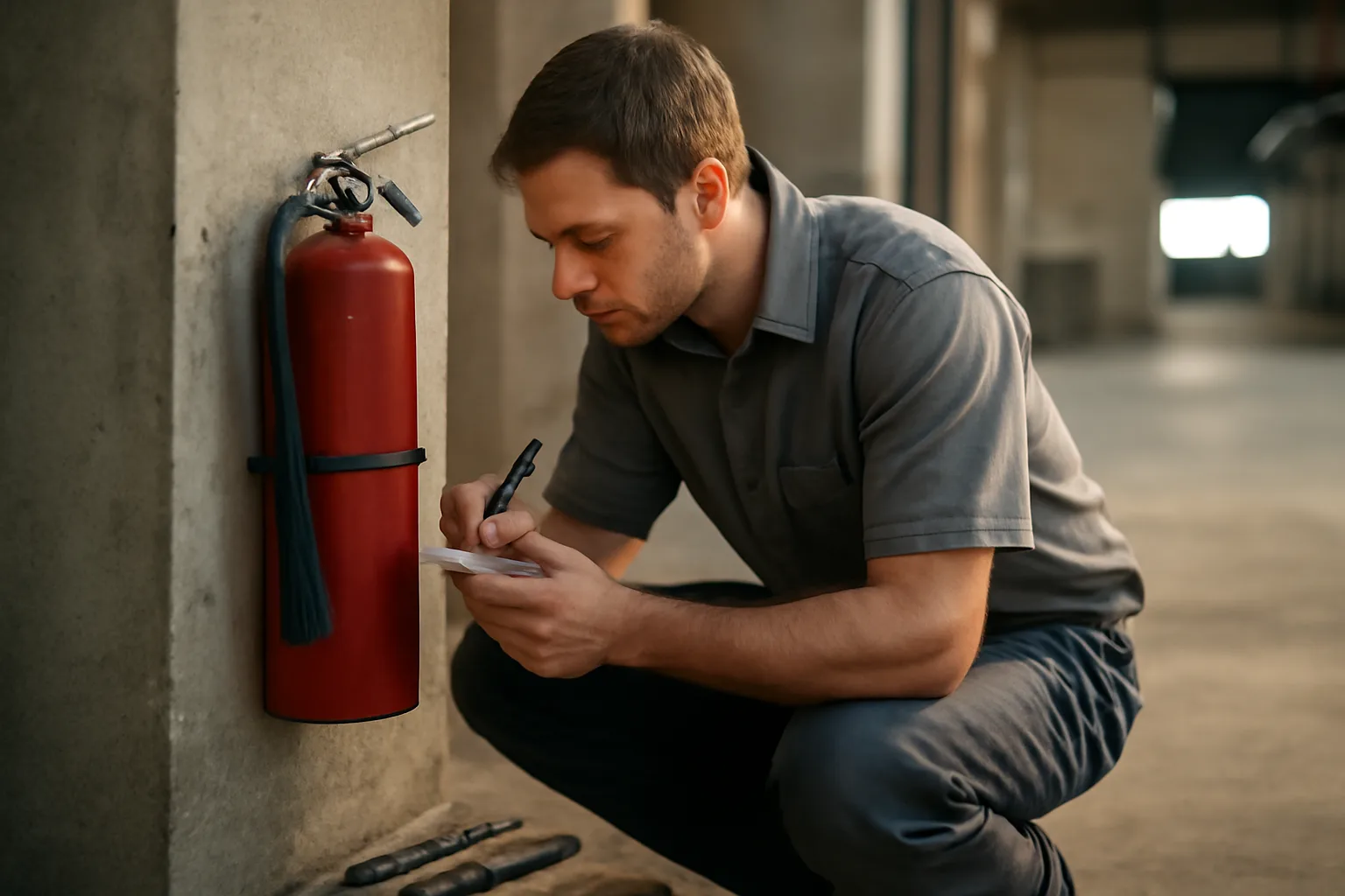 Technician servicing a wall-mounted fire extinguisher inside an Arizona warehouse