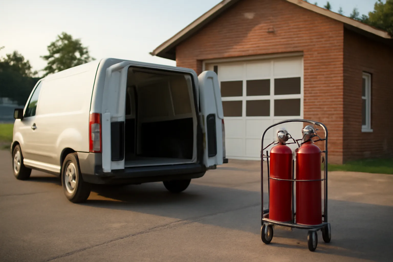 Fire extinguisher service van and extinguishers outside an Arkansas fire station