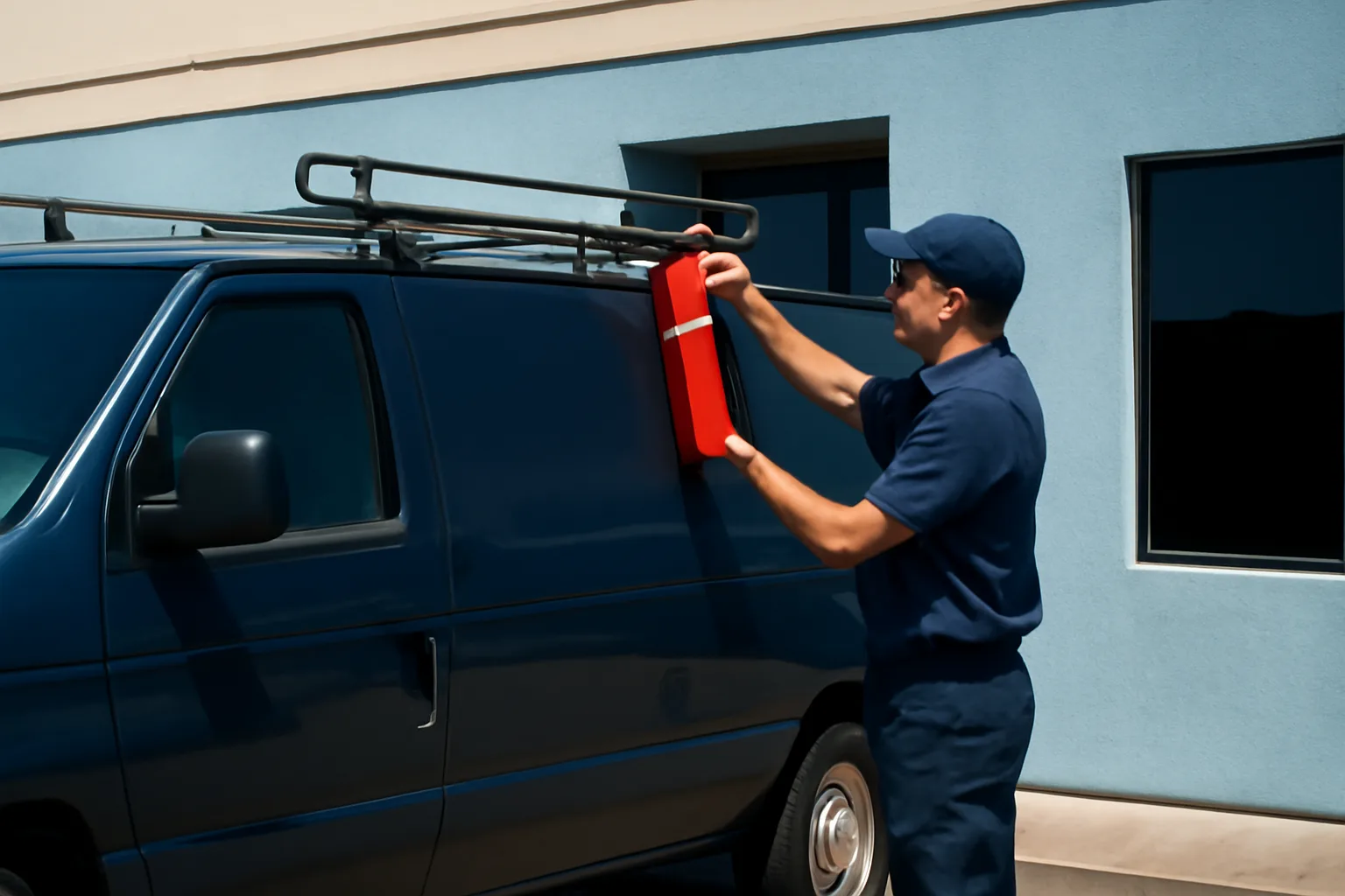 A route tech lifts a red fire extinguisher from a work van outside a California office.