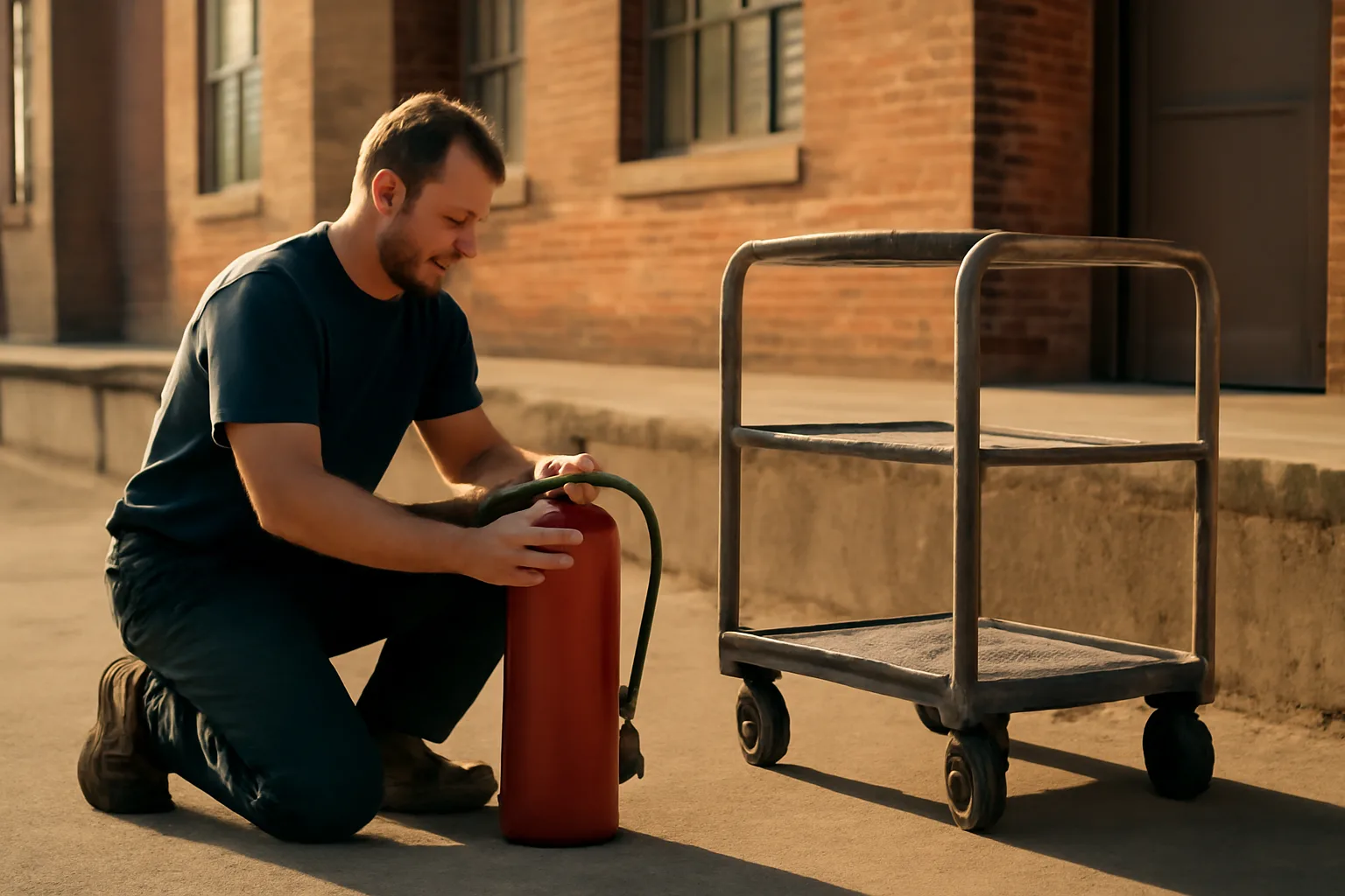 Worker kneels by a red fire extinguisher on a Bridgeport dock