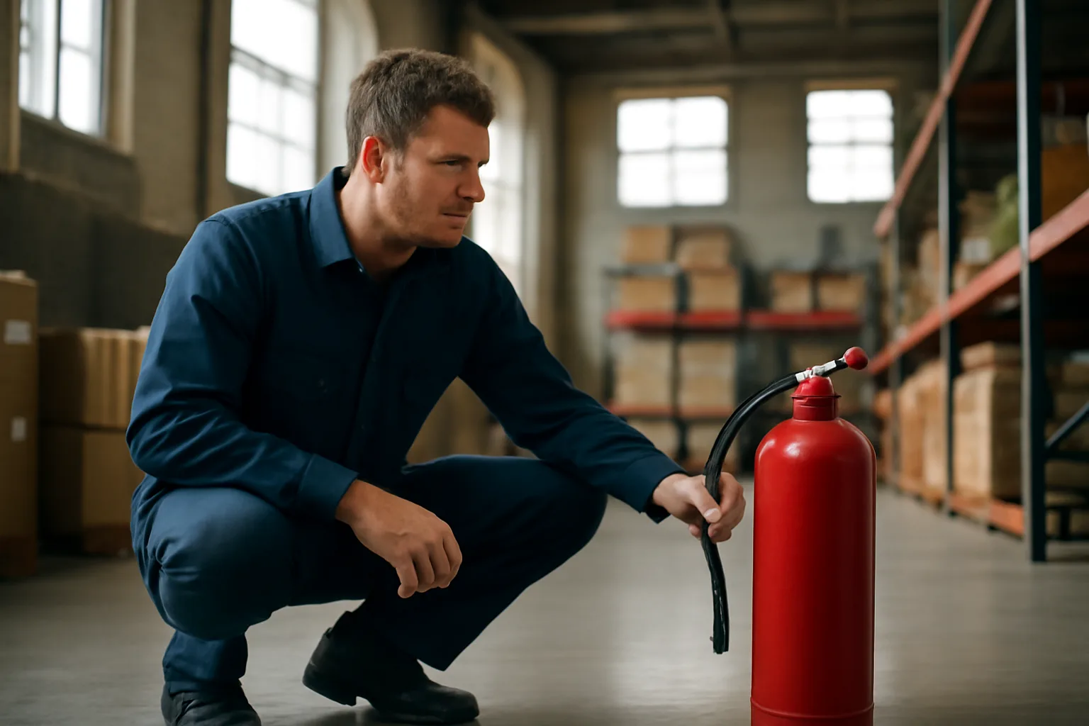 Technician kneeling by a fire extinguisher in an Iowa warehouse
